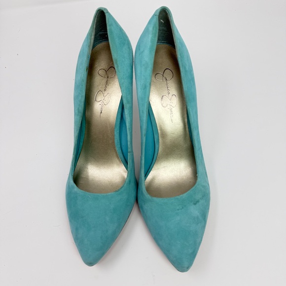 Jessica Simpson Avenx Blue Bell Aqua Suede Pointed Toe Pumps Women's Size 10W - Picture 7 of 16